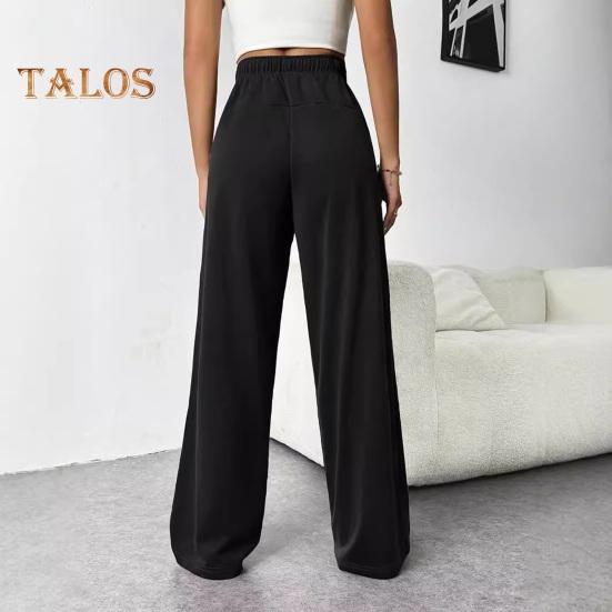 Pantaloni pentru femei cu talie înaltă elastică, cu șnur reglabil, pantaloni drepti cu picior largi, cu buzunare, pantaloni casual de culoare uni
