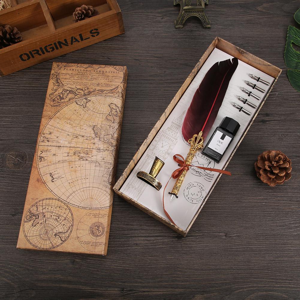 Vintage Retro Feather Dip Pen Stainless Steel Nibs Calligraphy Writing Ink Pen Gift(wine Red)