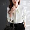 Women Shirt Stand Collar Lace-up Bowknot Long Sleeve Pleated Pullover Tops Solid Color Loose Fit Chiffon Blouse