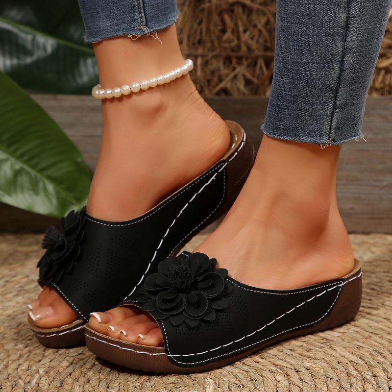 Women’s Floral Open-Toe Wedge Sandals, Large Size Summer Slip-On Slides