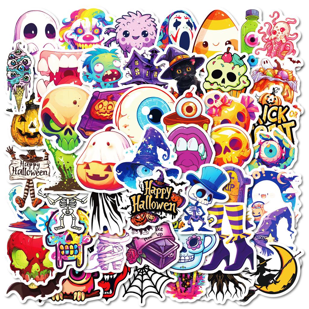 50Pcs Halloween Stickers - Graveyard Pumpkin Ghost Vinyl Decals for Phone DIY Party (4.6x5.2cm)