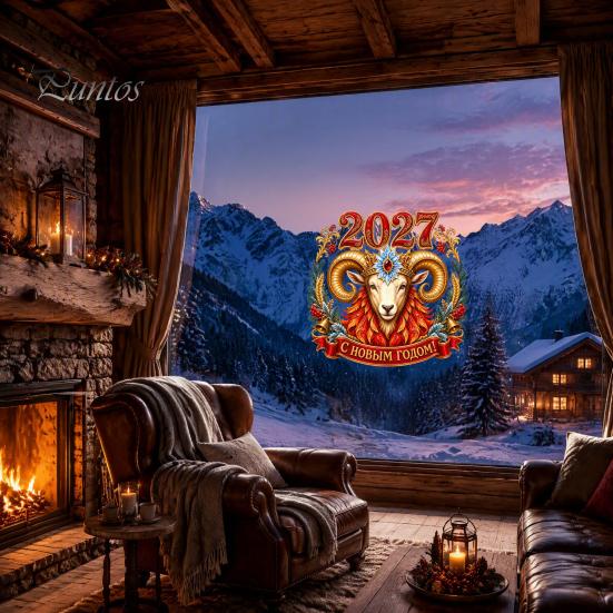 PVC Decorative Film 2027 Year Sheep Window Decal, Russian Happy New Static Sticker, Zodiac Flexible Shape Wall Decals Goat Glass Door Decor, Reusable