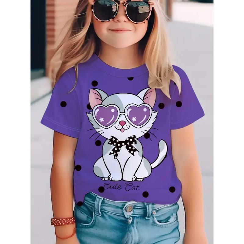 Children's Short Sleeved T-shirt Girls' Round Neck Summer Cat Print Fashionable Casual Versatile T Shirt