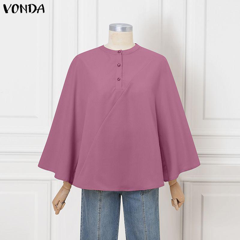 VONDA Women Round Neck Batwing Sleeve Casual Loose Oversized Blouse Tops