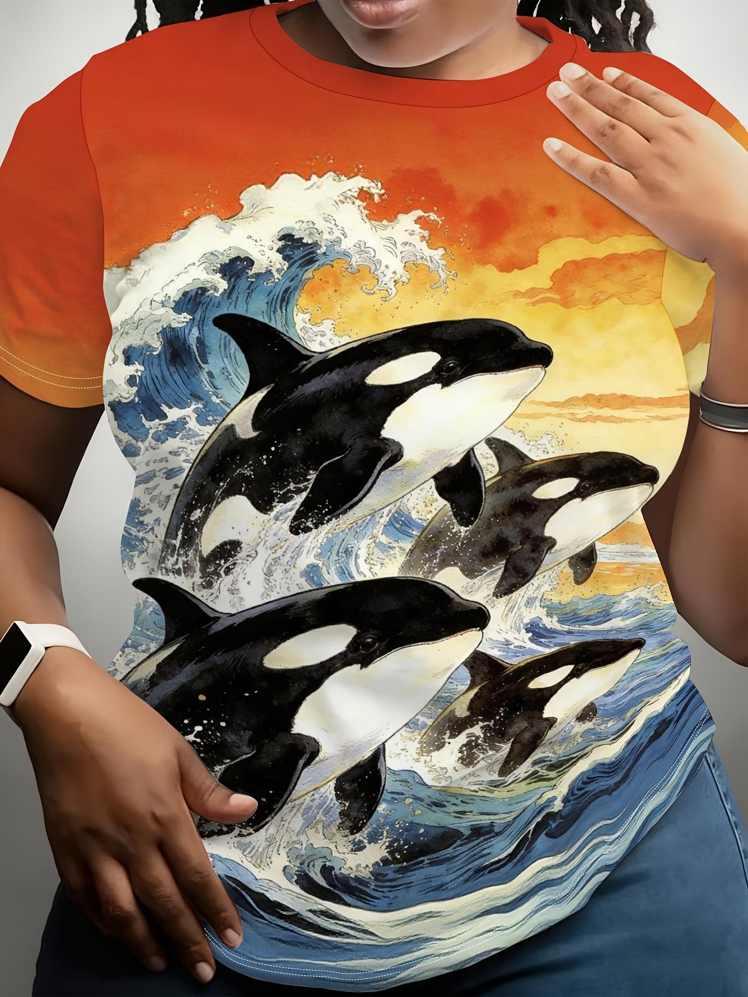 

A T-Shirt Featuring an Orca Leaping Over Waves in Ukiyo-E Style. Designed with a Loose Fit. Round Neck. And Short Sleeves. Suitable for Plus-Size Wome 2XL дубильная кора