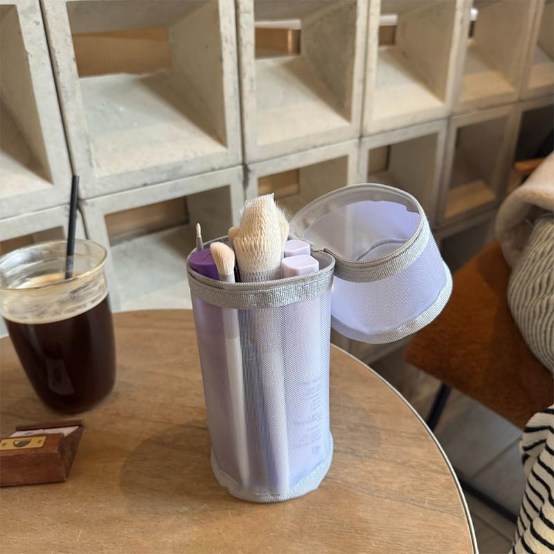 Mesh Dual-Use Makeup Brush Storage Bag Portable Brush Case Simple Large Capacity Brush Bucket Holder Travel Stand-Up Pouch