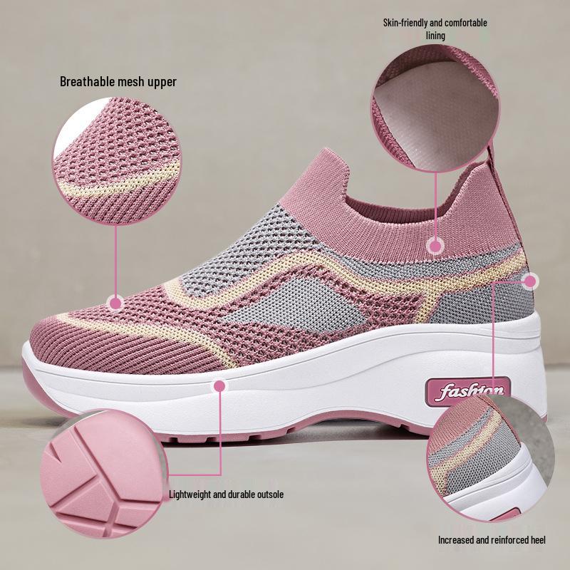 Women's Breathable Mesh Fly-Knit Casual Shoes with Thick, Soft Soles for Comfortable Height Increase