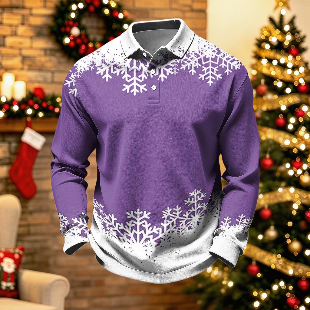Men's Casual Quick-Dry Mesh Golf Shirt Long Sleeve Christmas Print Top