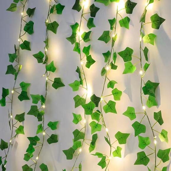 Solar-Powered LED Green Leaf Rattan String Lights - Fairy Copper Wire Vine Decor