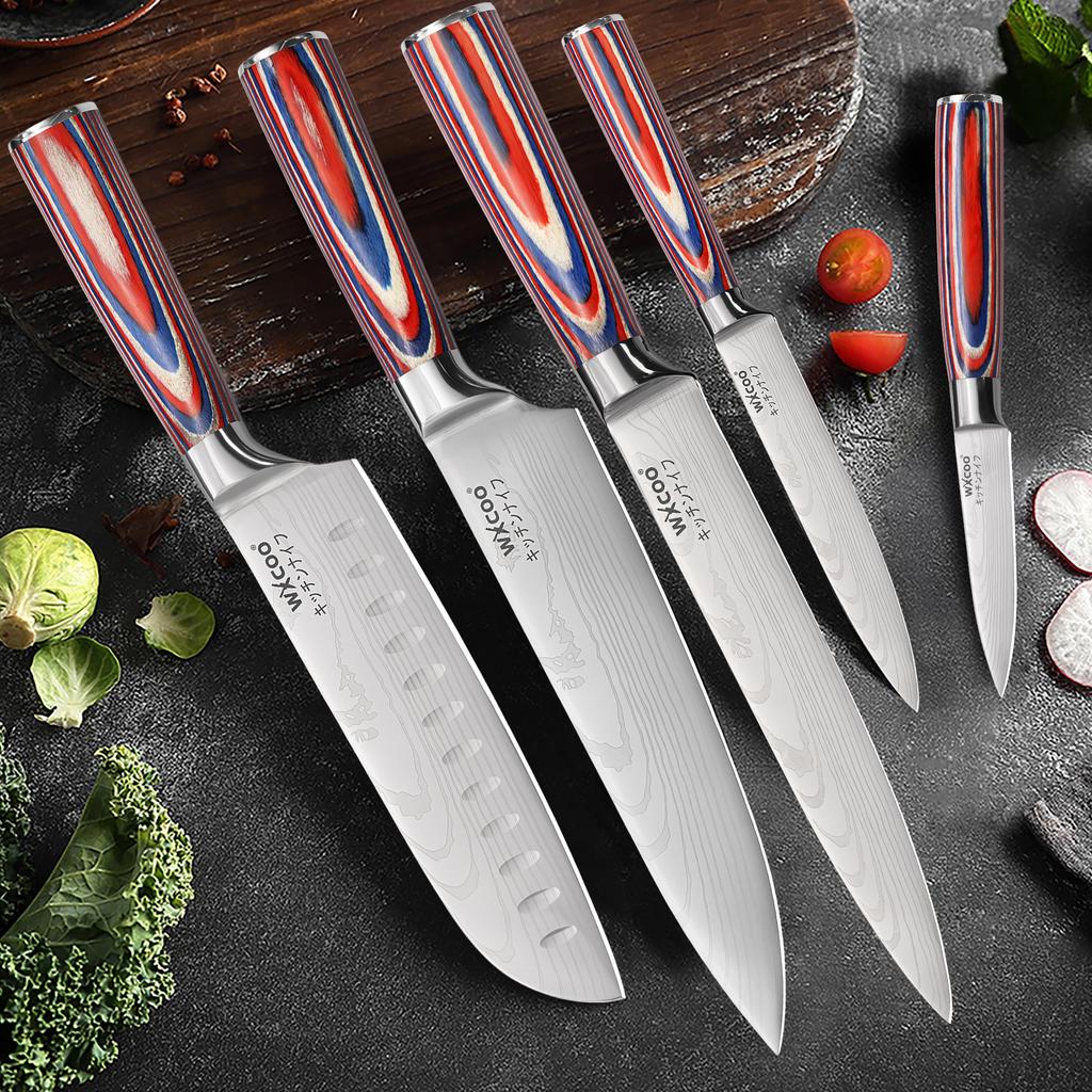 WXCOO Kitchen Universal Knife Holder Acacia Wood Kitchen Holder Stand Stainless Steel Kitchen Knife Set Meat Cleaver Cooking