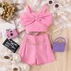 Girls' Sweet Set Summer Children's Fashion Strappy Solid-color Bow Top and Shorts Set