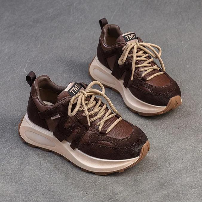 Johnature Zapatillas de deporte de cuero genuino, zapatos deportivos casuales versátiles, zapatos planos con cordones y punta redonda para mujer