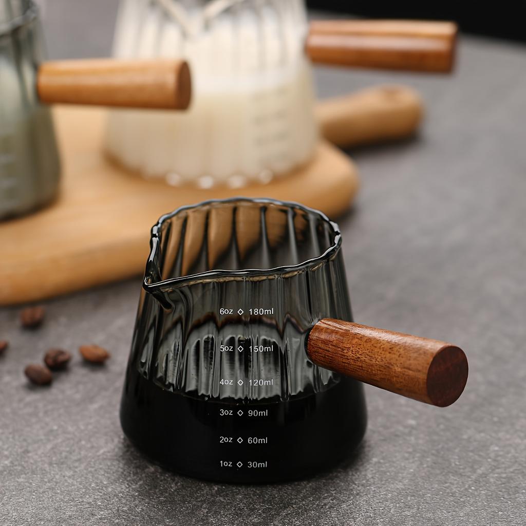 1pc Italian Style Glass Coffee Cup & Scaled Milk Jug,180ml Reusable Insulated Borosilicate Glass with Wooden Handle | Multipurpose for Coffee/Tea