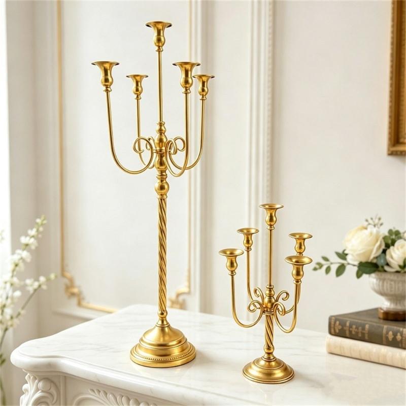 Iron Candelabra Tapers Candle Holders Candlestick Centerpieces with Five Candle Positions, a Golden Finish, and Formal Dinner or Ceremony Table