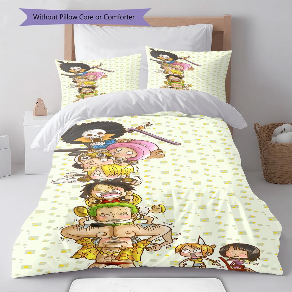 Anime One Piece Cartoon Pattern Bedding Quilt Set Quilt Cover Pillowcase Home Birthday Gift(1 * Duvet Cover + 2 * Pillowcase, Without Core)