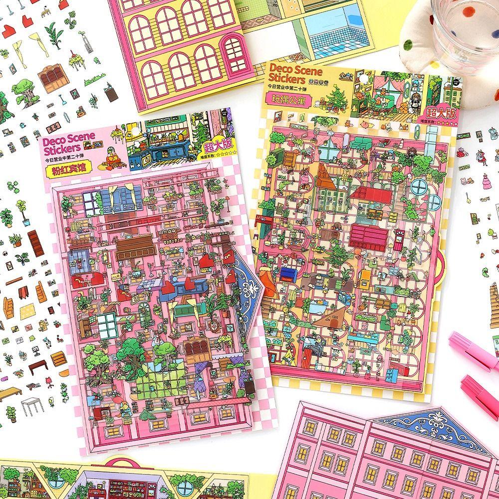 2.5D Landschaftsaufkleber Mehrfarbig Wohnungs-Landschafts-Aufkleber-Set Rosa Hotel Cartoon-Muster Landschaftsgestaltung Decal Scrapbooking