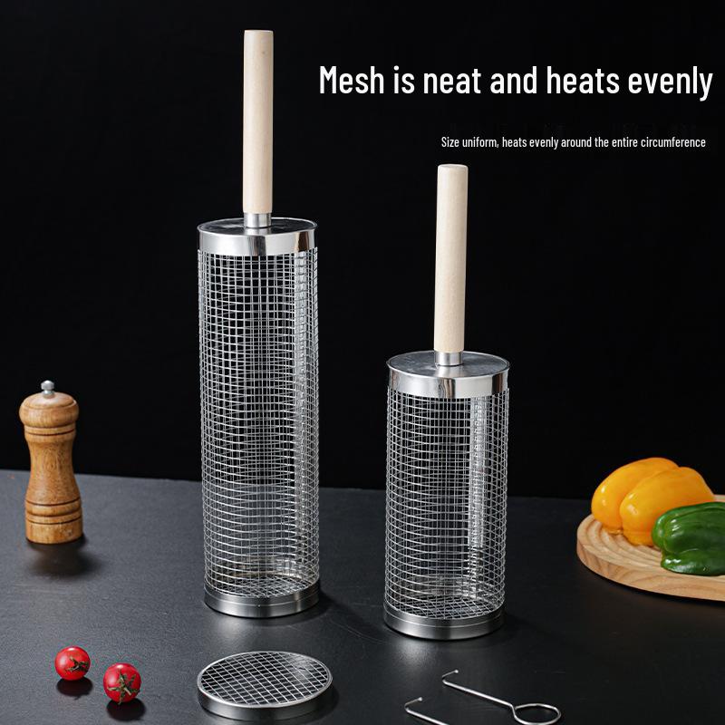 Portable Stainless Steel BBQ Basket with Wooden Handle – Round Outdoor Grilling Cage