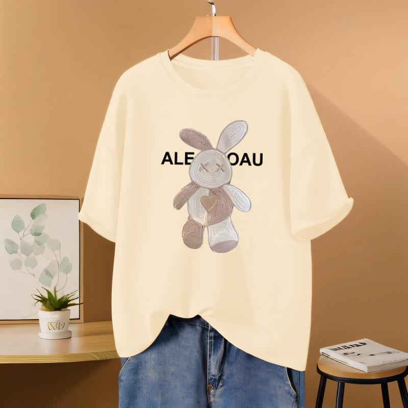 

2025 лето новый европейский дизайн нишевый свободный универсальный хлопковый топ с коротким рукавом и принтом кролика S