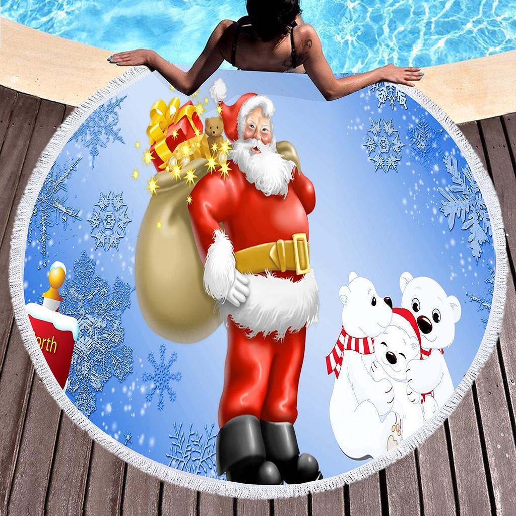 Cartoon Santa Claus Round Beach Towel,Christmas Theme Beach Towels, Microfiber Bath Towel for Boys Girls Adult New Year's Gift