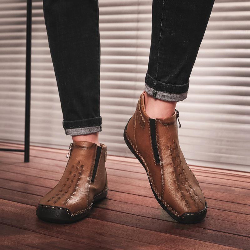 Men's Leather Side-Zip Martin Boots - Large Size, Spring/Autumn, Hand-Stitched, Outdoor Casual, Mid-Top Shoes