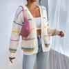Cárdigan de punto a rayas para mujer, suéter chaqueta casual holgado con cuello en V, mezcla de algodón, ropa de abrigo cálida