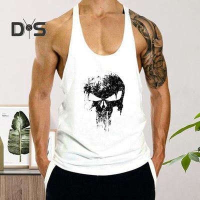Canottiera estiva da uomo O-Collo senza maniche Vestibilità ampia Parte posteriore scollata Canotta sportiva Canottiera fitness con stampa teschio ad asciugatura rapida Canottiera bodybuilding