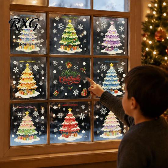 Static Cling Window Decals 9Pcs Macaron Christmas Tree Clings, Snowflake Gift Glass Stickers, Reusable for Shop Home Holiday Decoration Atmosphere