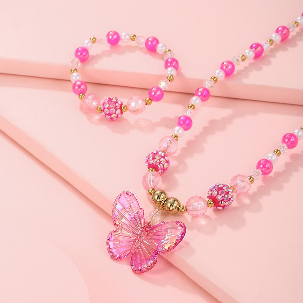 New Girl's Collarbone Necklace Princess Zircon Color Crystal Zircon Butterfly Children's Necklace Bracelet suit