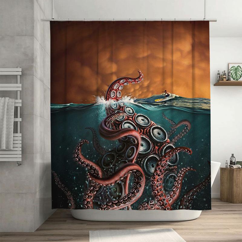 

Modern Sea Creature Bathroom Shower Curtain Waterproof Home Decor Print 3D Waterproof Wall Hanging Art Decoration Blue Green Red W60H190(CM)-1 Pcs