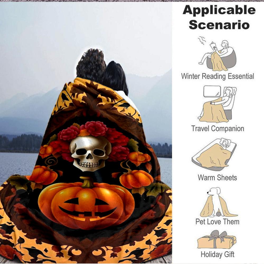 1Pc Halloween Skull Pumpkin Flannel Blanket, Soft And Comfortable, Casual Warm, Camping Travel, Christmas, Halloween Xmas Gift. Eg116
