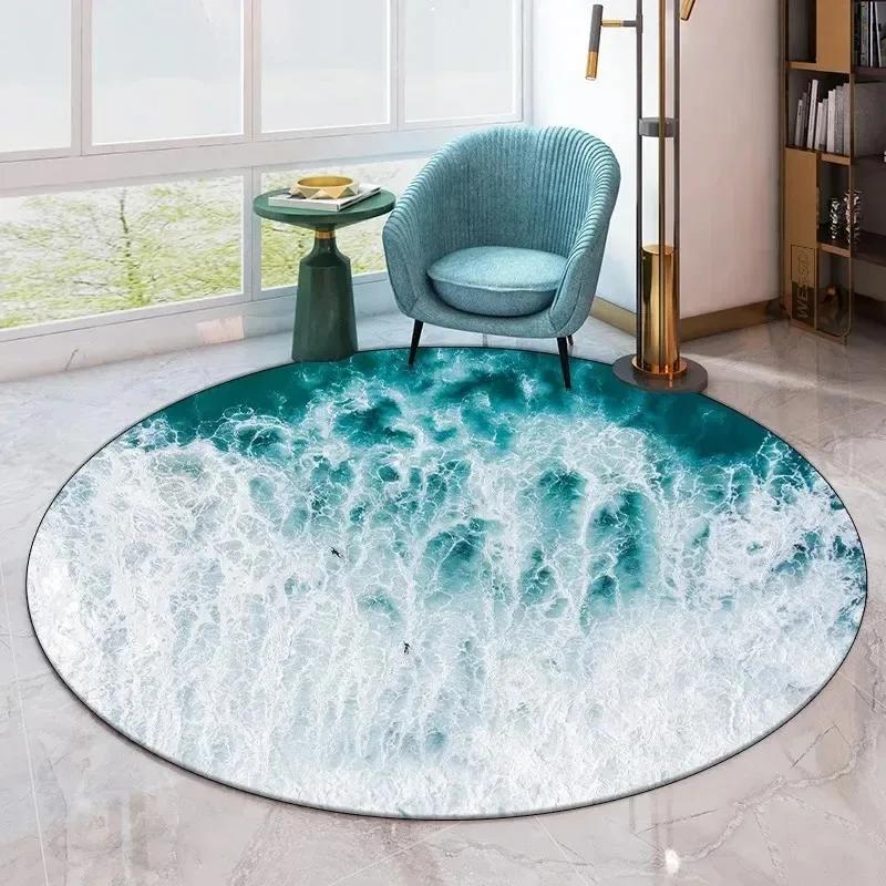Seaside Beach Pattern Round Rug Living Room Sofa Non-Slip Floor Mat Home Decor Bedroom Bathroom Absorbent Mat Diameter 60cm(23in)