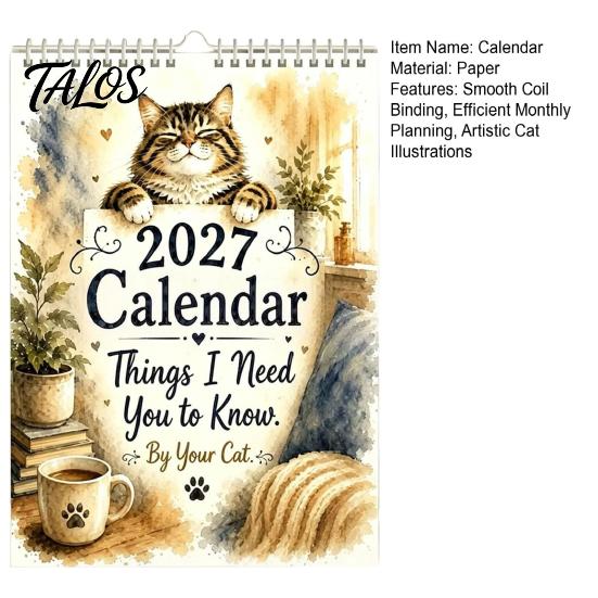 Large Grid Monthly Planner 2027 Cat Wall Calendar with Watercolor Illustrations, for Thick Paper Hanging Home Office, Coil Binding, 12x8 Inches Office