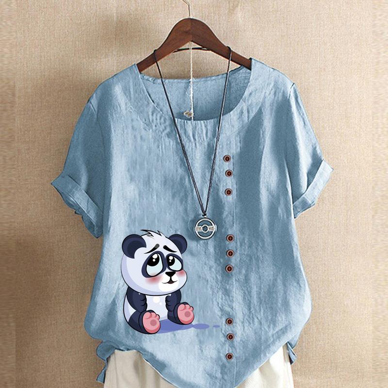 Women's Fashion Summer Round Neck Short Panda Prined Sleeve T-shirt Casual Cotton Linen Graphic Shirt Leisure Loose Blouse Tops Plus Size