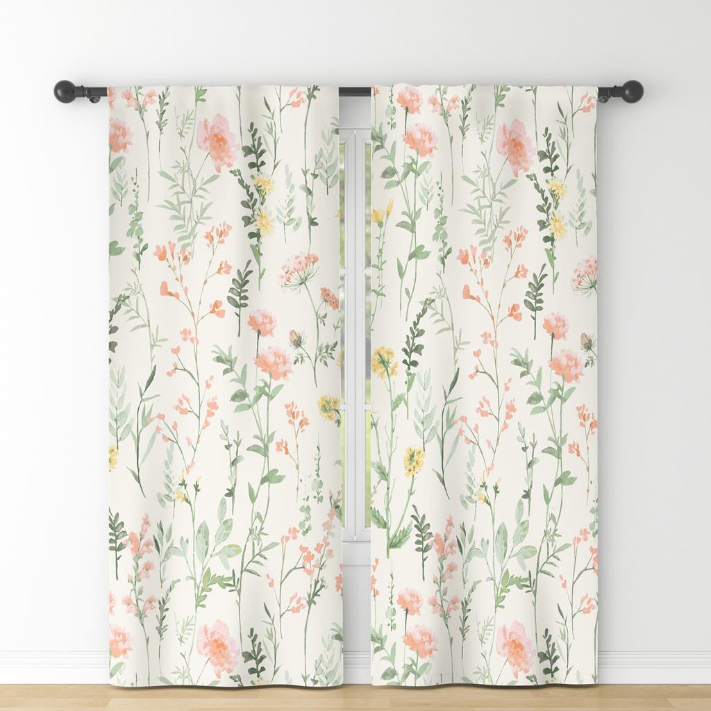 Set Of 2 Fresh Rural Style Window Curtains Floral Fragments Natural Decor Bedroom Dining Room Polyester Modern Blackout Made Treatment