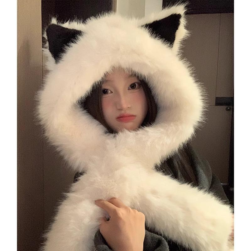 Thickened Plush Fox Ear Hat Scarf All In One Women's Autumn and Winter Cold Proof and Warm Lei Feng Hat Showing Face Small Plush Hat