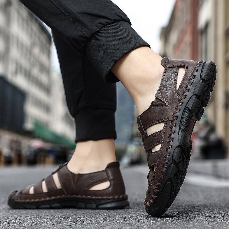 Sandals Summer Closed Toe Genuine Leather Outdoor Driving Men's Soft Bottom Non-Slip Wading Hollow Hole Sports Beach Shoes