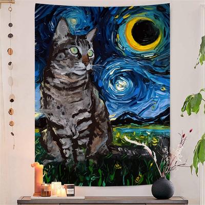 Van Gogh The Starry Night Romantic Black Cat Tapestry Art Printing Bohemian Wall Tapestries Mandala Decor Blanket