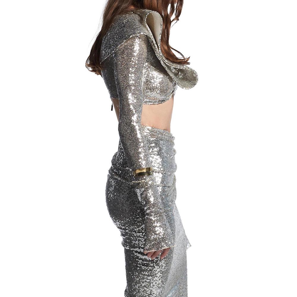 Spring and Autumn European-American Women's Two-Piece: Silver Sequin Long Skirt and Top