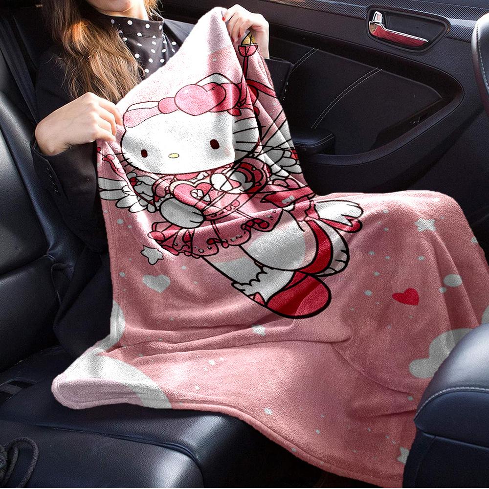 For Cupid, Hello Kitty, Valentine's DayAnime-Themed Flannel Blanket, Glam Style, Digital Print, All-Season Comfort, Tear-Resistant, Knitted