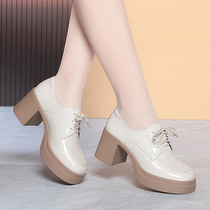 

Lace-up Loafers, Spring and Autumn Leather Shoes, Women s Work Shoes, Chunky Heels, Platform High Heels 41 бежевий