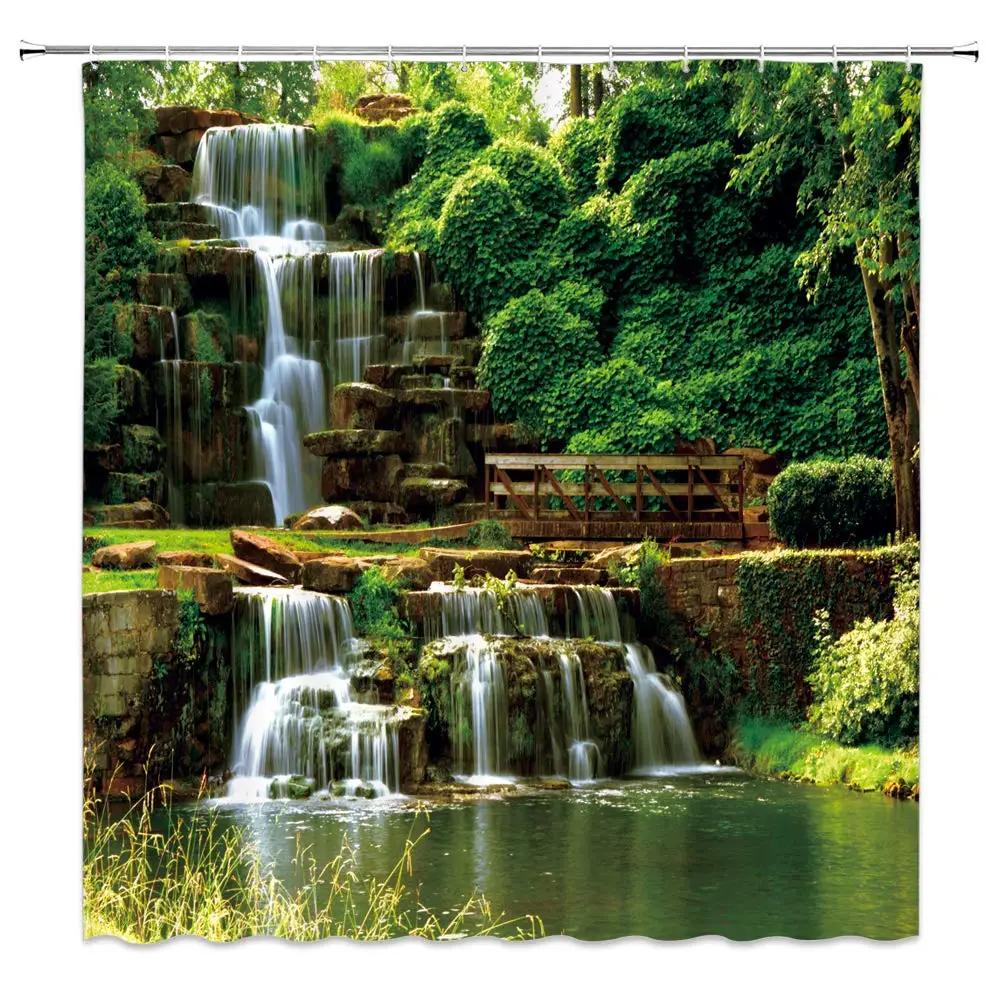 Natural Scenery Shower Curtain Set Waterfall Spring Landscape Home Bathtub Decor Waterproof Polyester Cloth Bathroom Curtains