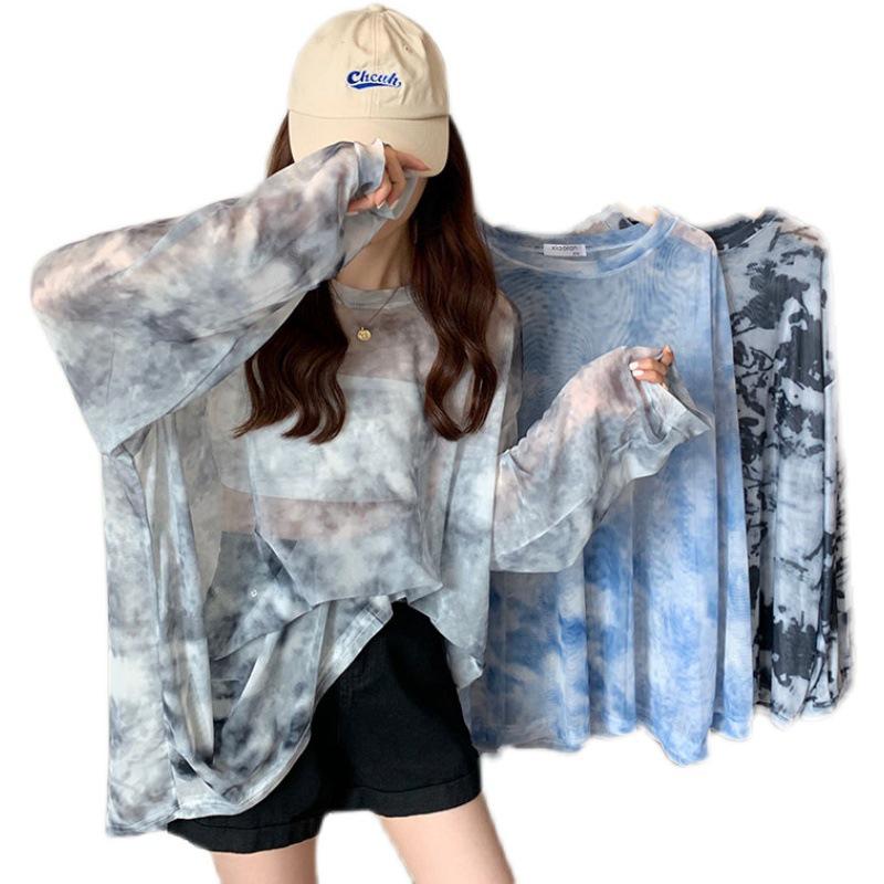 Women's Tie-Dye Transparent Sun Protection Loose Long-Sleeve T-Shirt, Plus Size, Couples Style, Trendy Top.