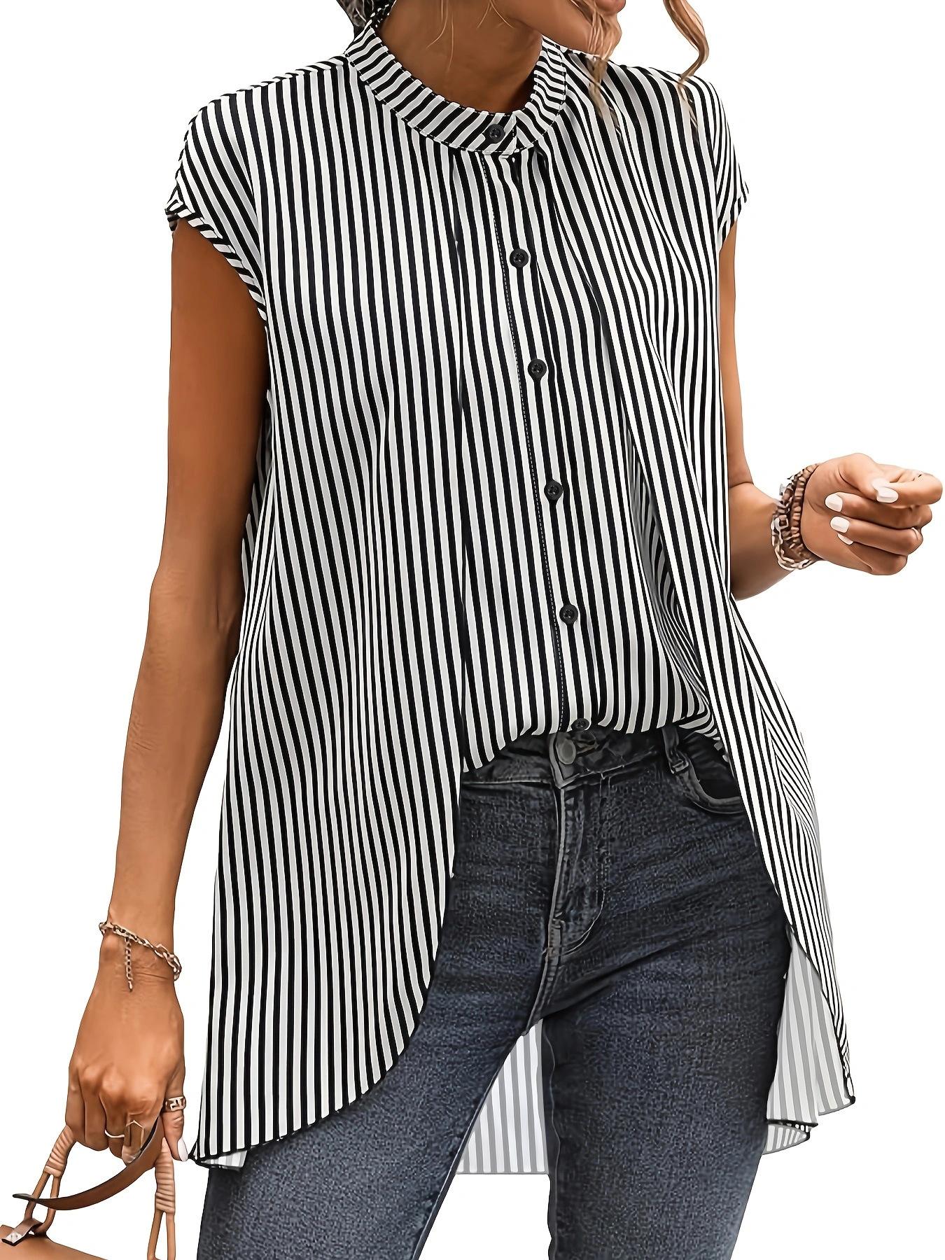 

Women s Striped Small Stand Up Collar Fake Two-piece Short Sleeved Casual Shirt S чорний