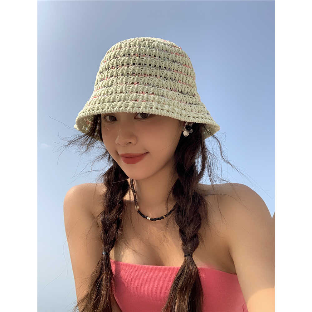 Hand woven straw hat bucket hat women's light hollow basin hat big brim sunshade sunscreen bucket hat