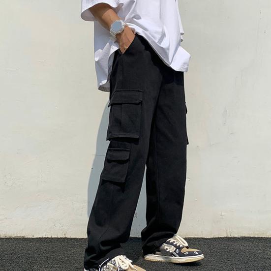 Men Cargo Pants Solid Color Hip-hop Style Loose Pattern Multi Pockets Elastic Waist Men Trousers Daily Clothes