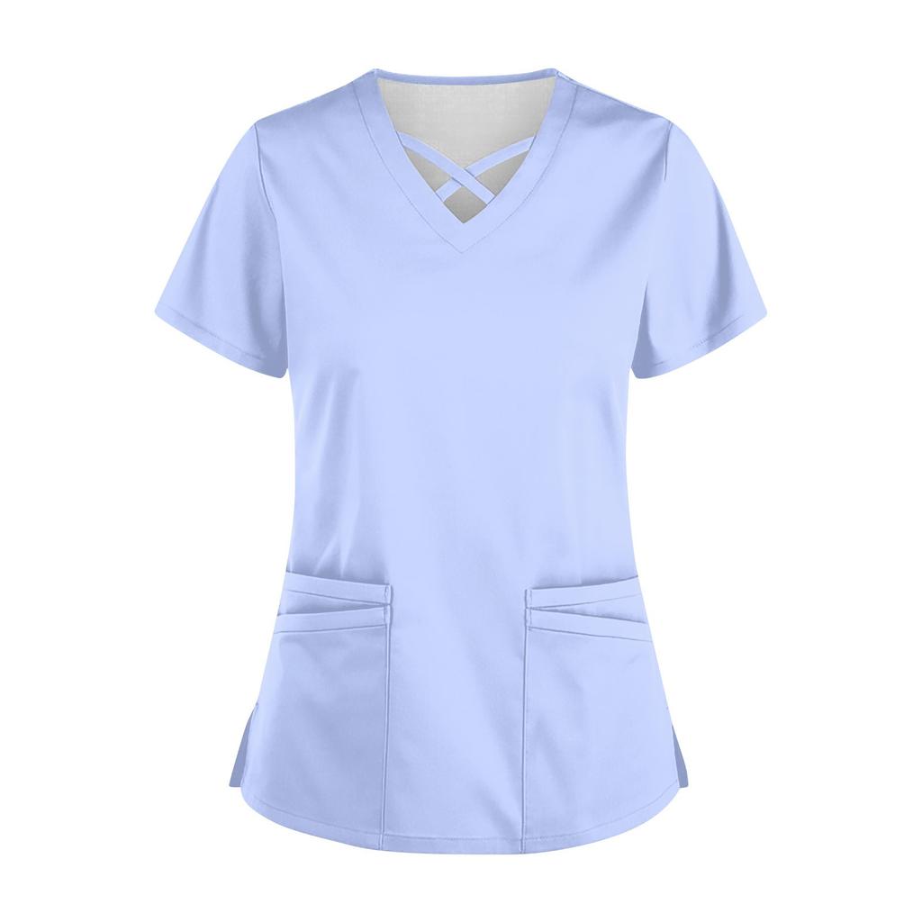 Women’s Short Sleeve V Neck Scrub Top with Cross Neckline and Two Front Pockets for Uniforms