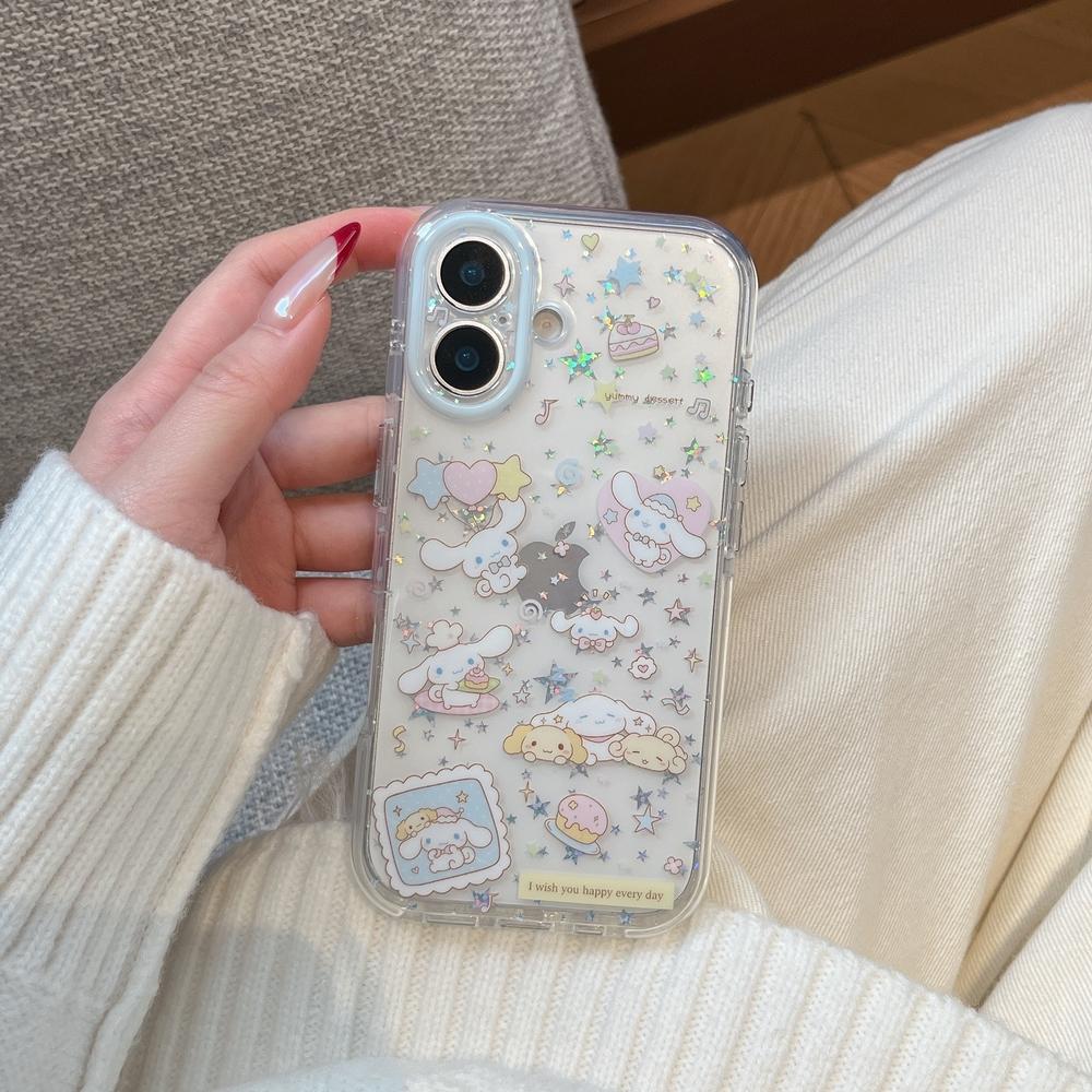Cute Cartoon Sanrio Cinnamoroll Bling Glitter Stars Phone Case For iPhone 17 16 15 14 13 Pro Max Transparent Soft TPU Cover