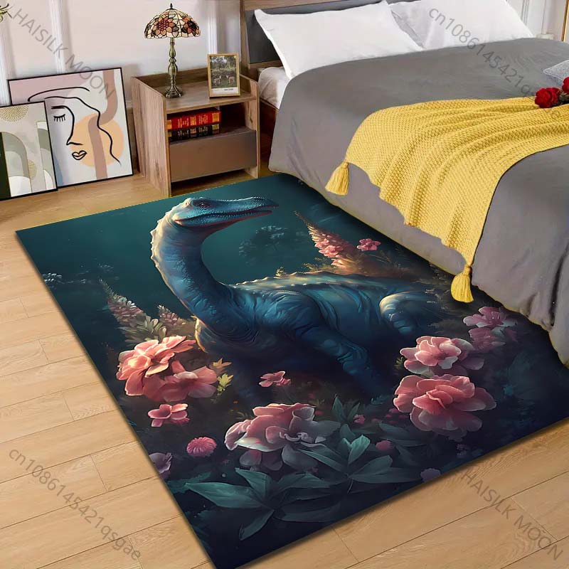 

1PC Blue dinosaur with vibrant flowers Print Carpet Rug for Living Room Bedroom Sofa Doormat Home Decor Non-slip Floor Mat 40x60cm