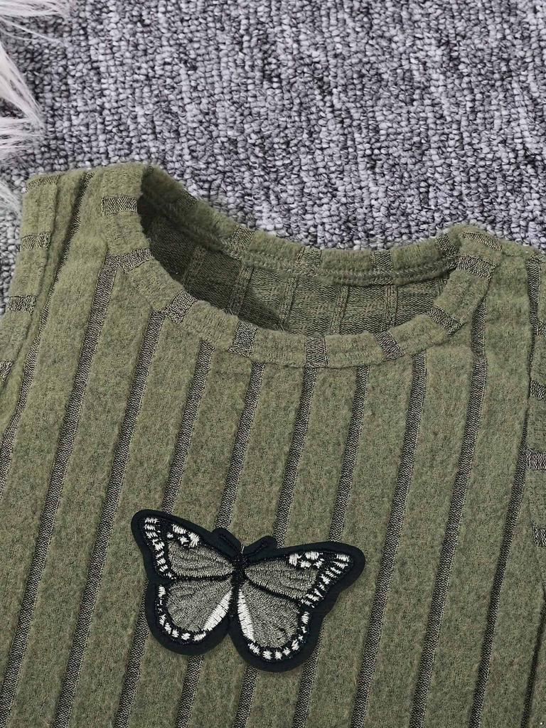 Mädchen 3-teiliges Langarm Cropped Hoodie Schmetterlingsstickerei Unregelmäßiger Saum Gestreiftes Tanktop Camouflage Jogginghose
