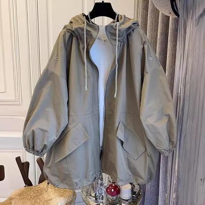 Koreanische Mode Einfarbige Damen-Frühlingsjacke Allround-Jacken Kapuzen-Windjacke Damenmantel